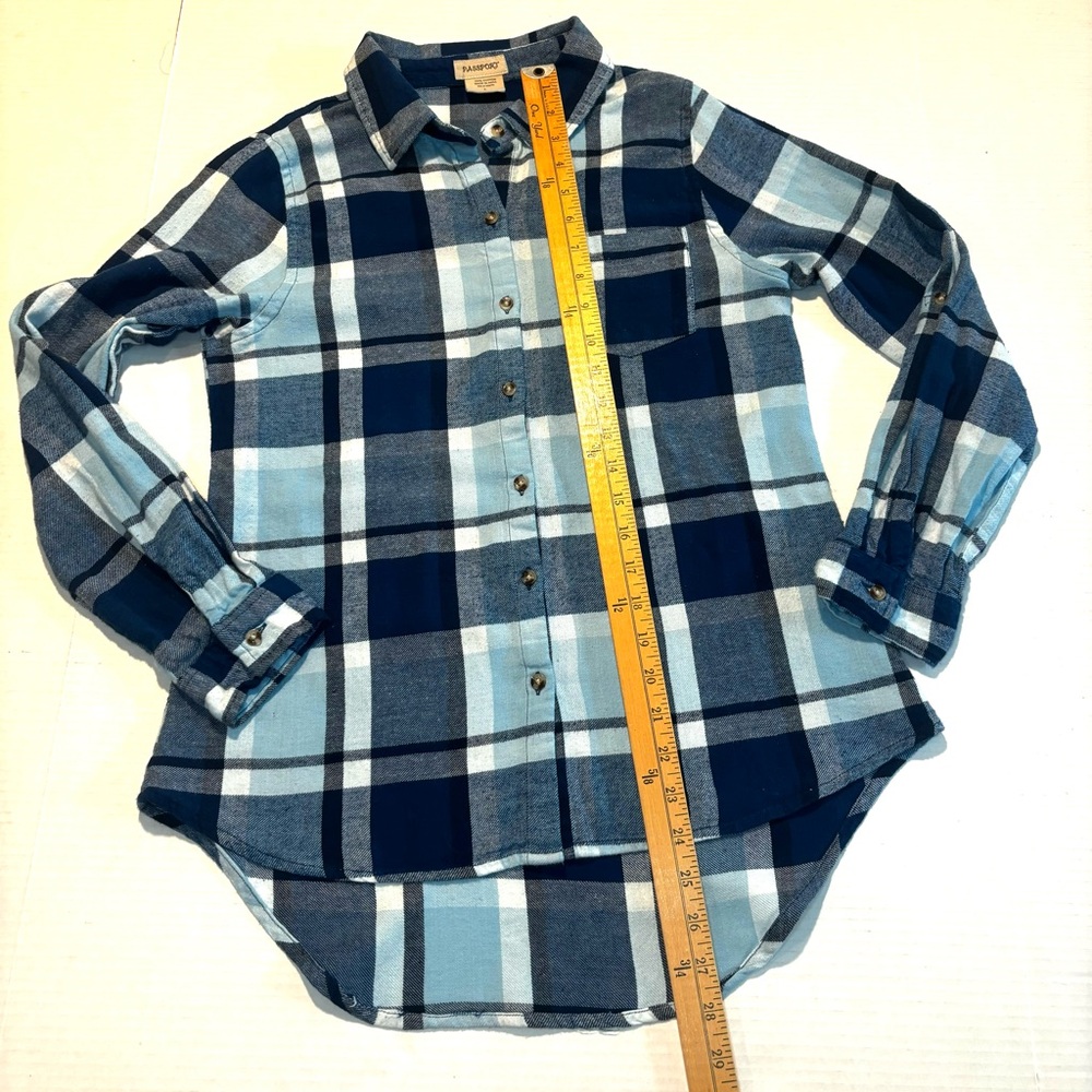 Passport Plaid Flannel Shirt Roll Tab Sleeve Blue Junior Size L or Womens Size S - Picture 5 of 9